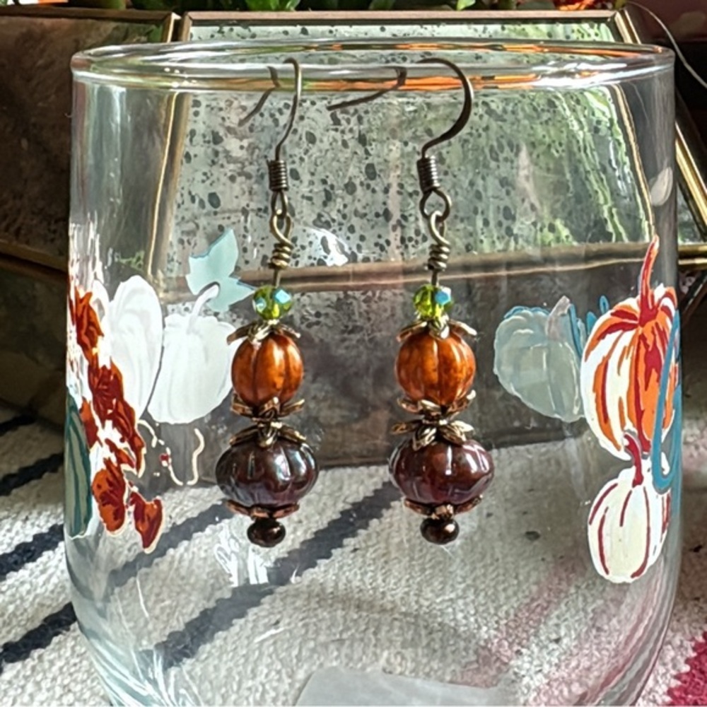 Handmade Czech Glass Pumpkin Totem Earrings